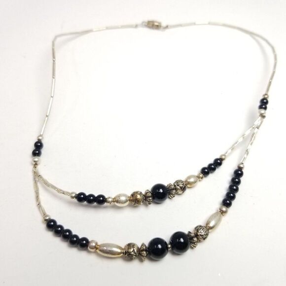 Vintage Beaded Necklace with Layered Front Design, Silver Tone and Black Beads - Picture 4 of 5